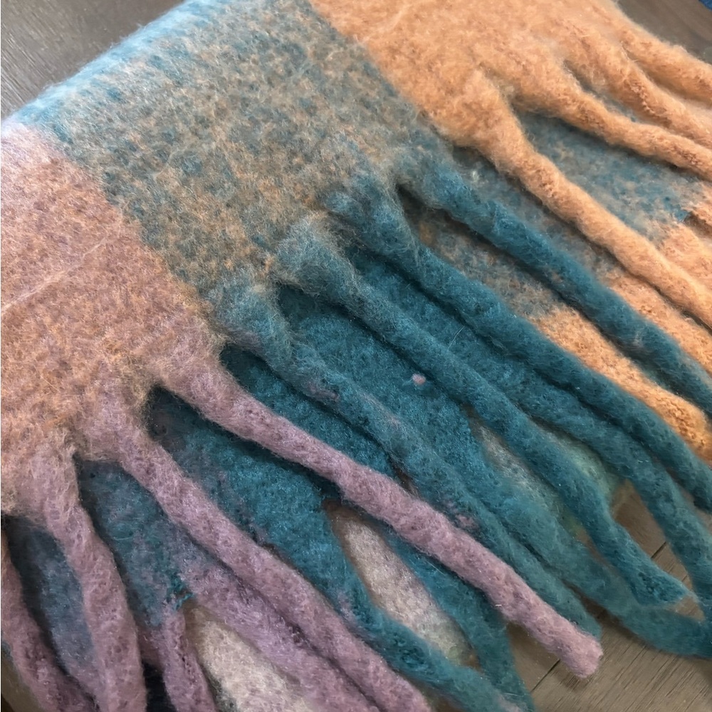 Cozy Fashion Apparel Plaid Fringe Scarf in Teal, Rust, Mauve